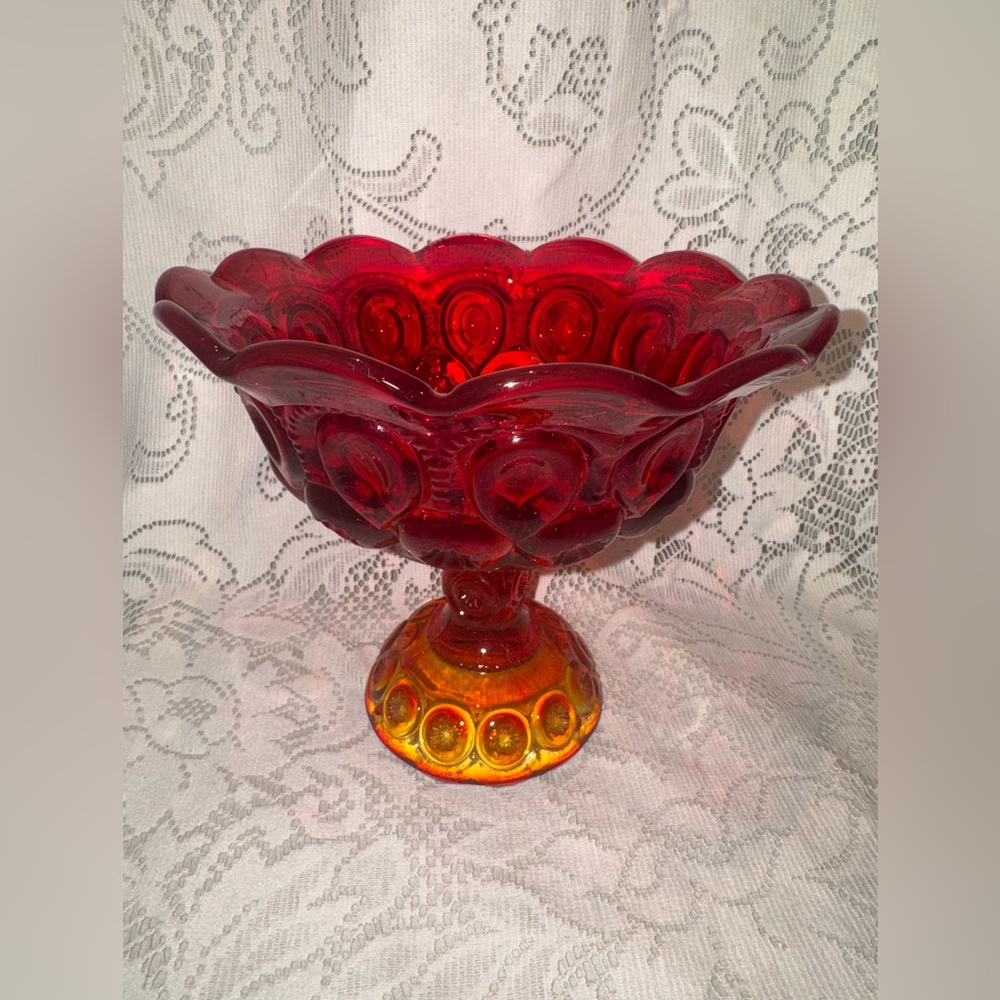 Vintage Amberina Moon & Stars Motif Pedestal Compote Bowl by L.E Smith